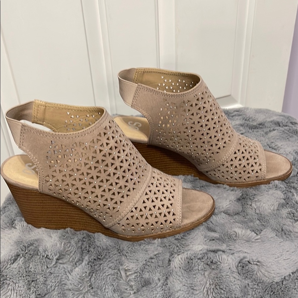 SO Tan Wedge Sandals with Perforated Design